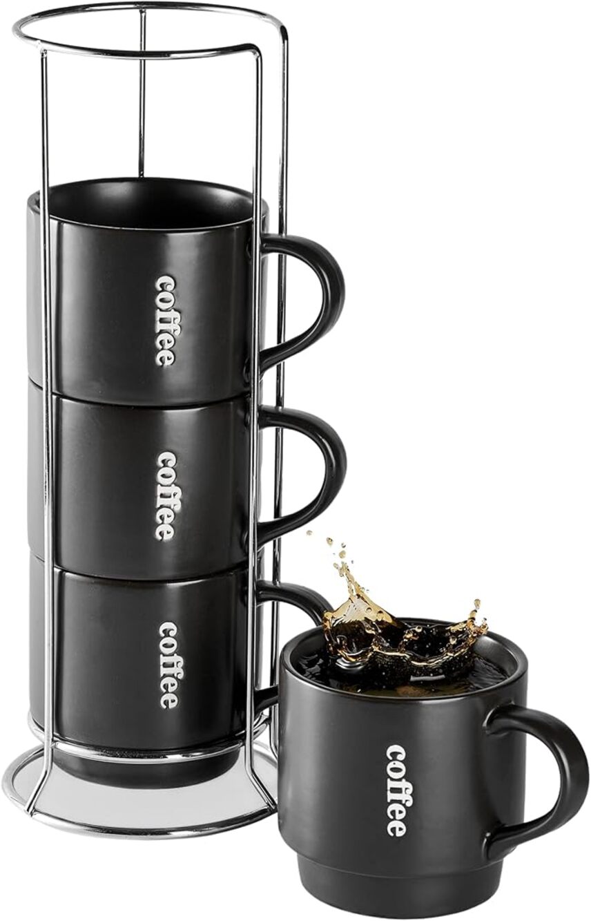 Lauchuh Stackable Coffee Mug Set 4 Mugs w/ Metal Stand Black White New